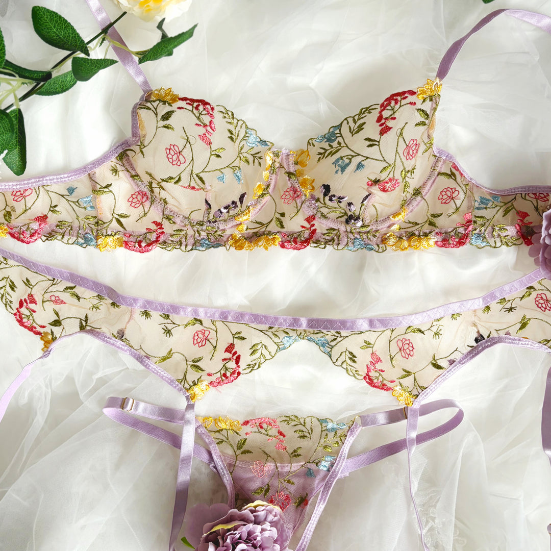 Belle Blossom Three Piece Lingerie Set - Lilac