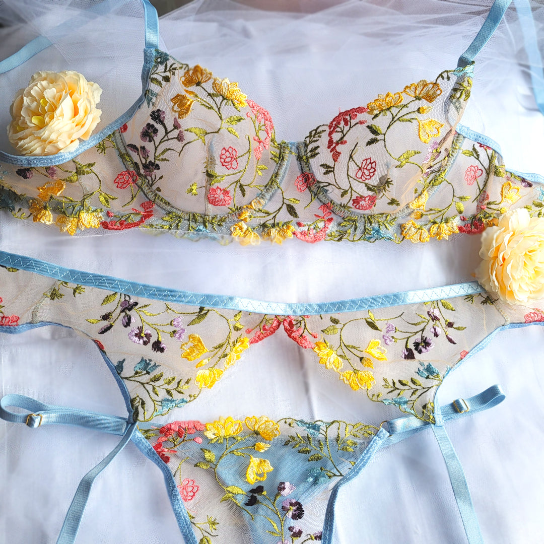 Belle Blossom Three Piece Lingerie Set - Blue