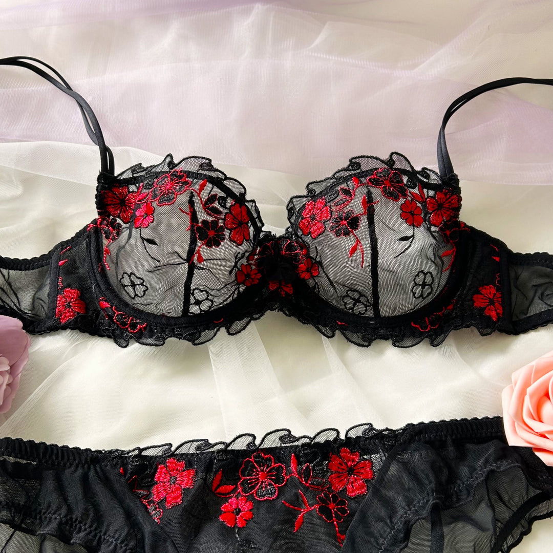 Amelia Floral Dessous-Set - Rot & Schwarz