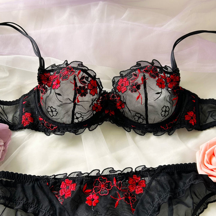 Amelia Floral Dessous-Set - Rot & Schwarz