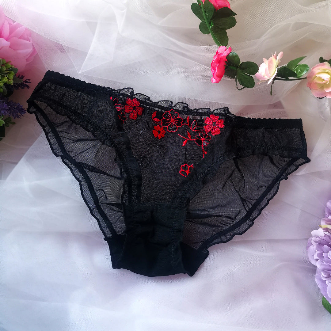 Amelia Floral Dessous-Set - Rot & Schwarz