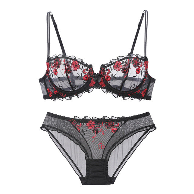 Amelia Floral Dessous-Set - Rot & Schwarz