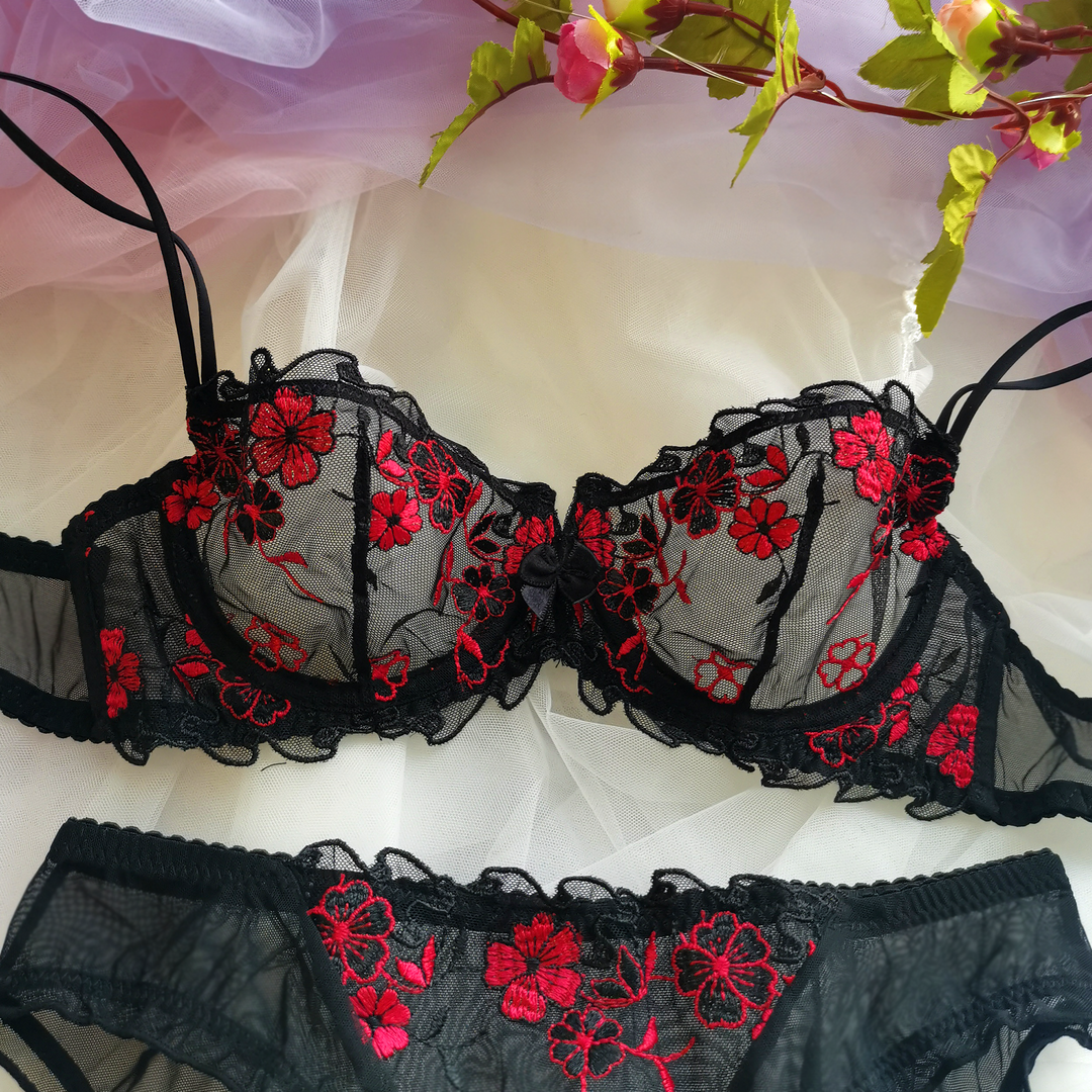 Amelia Floral Dessous-Set - Rot & Schwarz