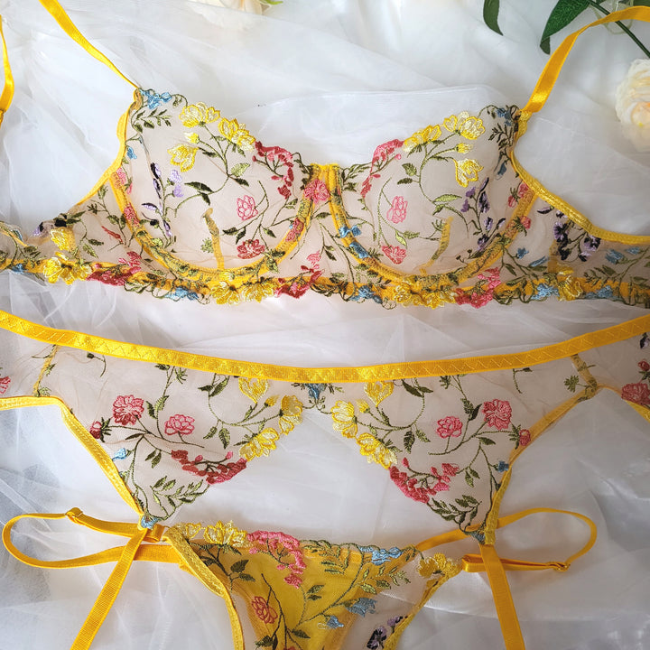 Belle Blossom Three Piece Lingerie Set - Canary Yellow