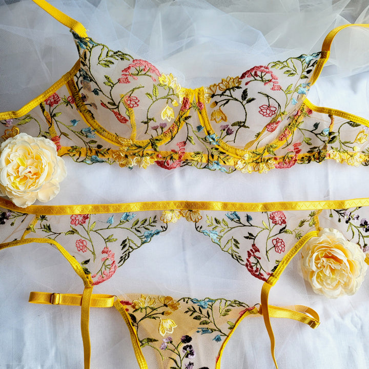 Belle Blossom Three Piece Lingerie Set - Canary Yellow