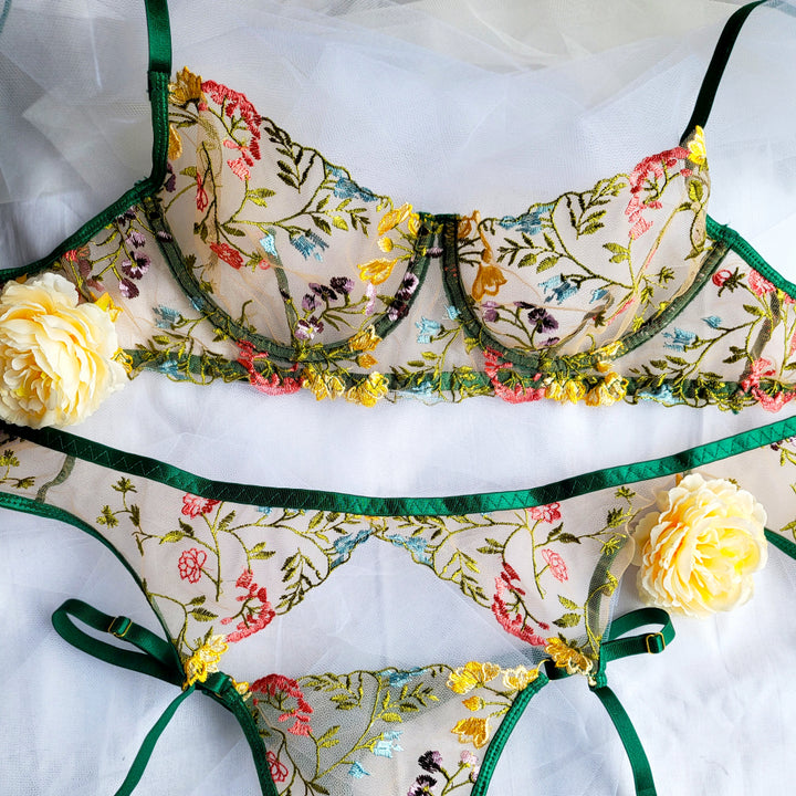 Belle Blossom Three Piece Lingerie Set - Forest Green