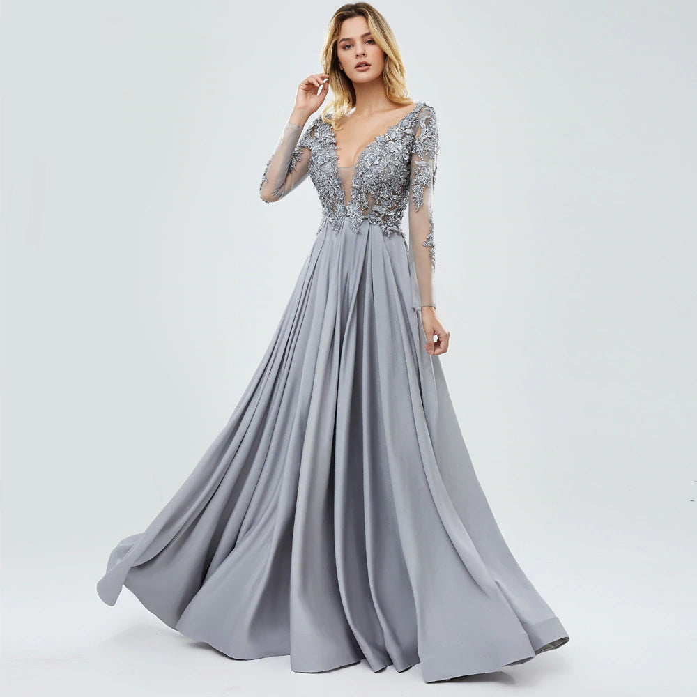 Katie Long Sleeve Plunge Embellished Prom Dress