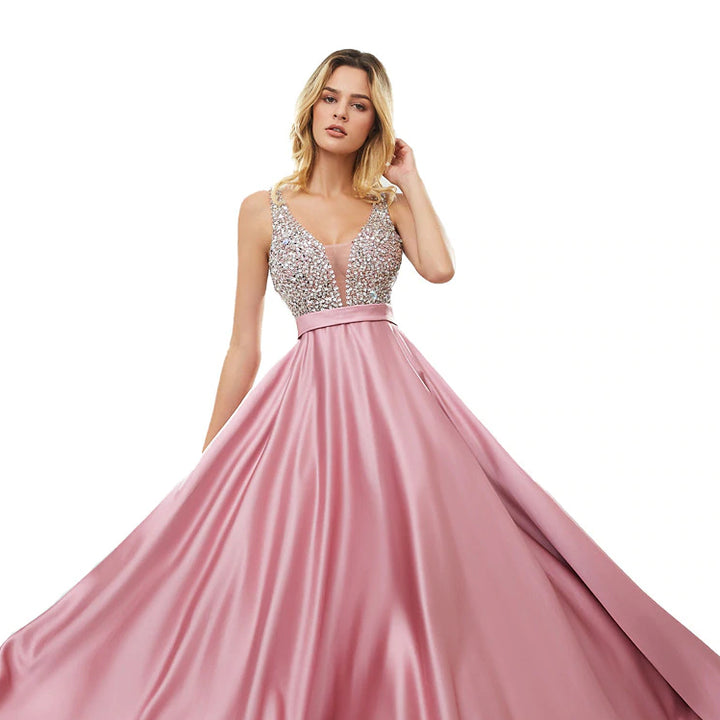 Crystal Embellished Satin Prom Dress