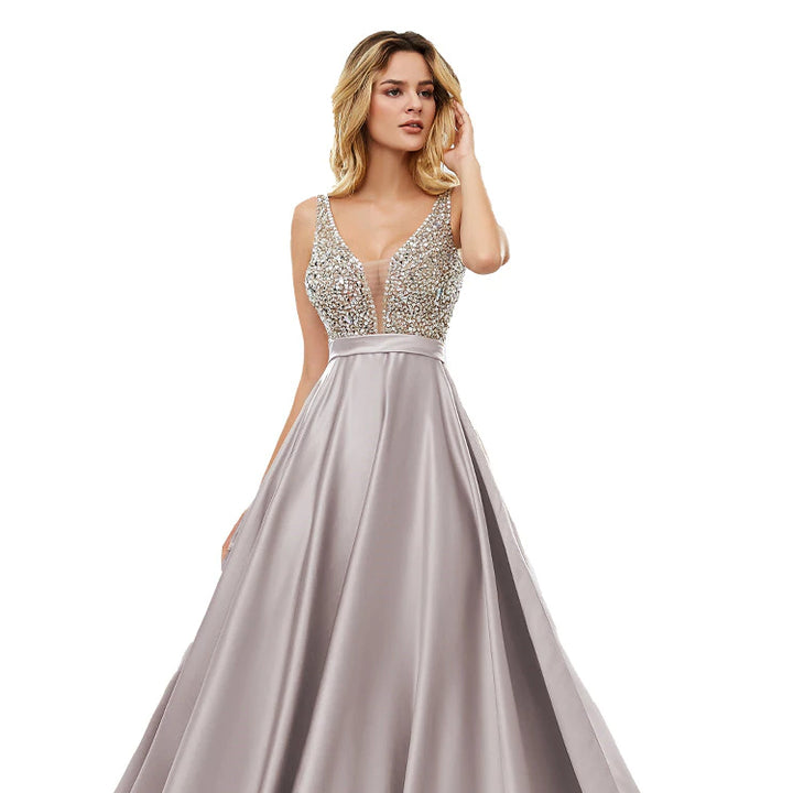 Crystal Embellished Satin Prom Dress