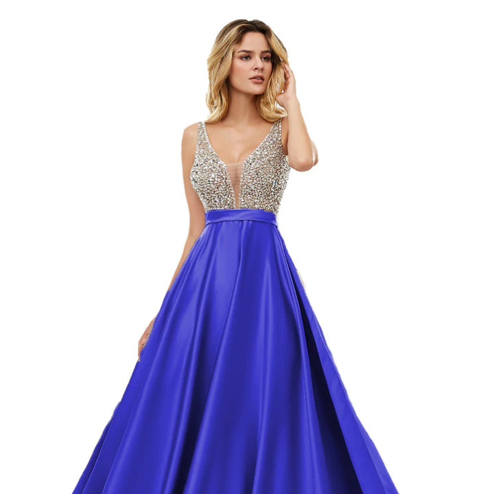 Crystal Embellished Satin Prom Dress