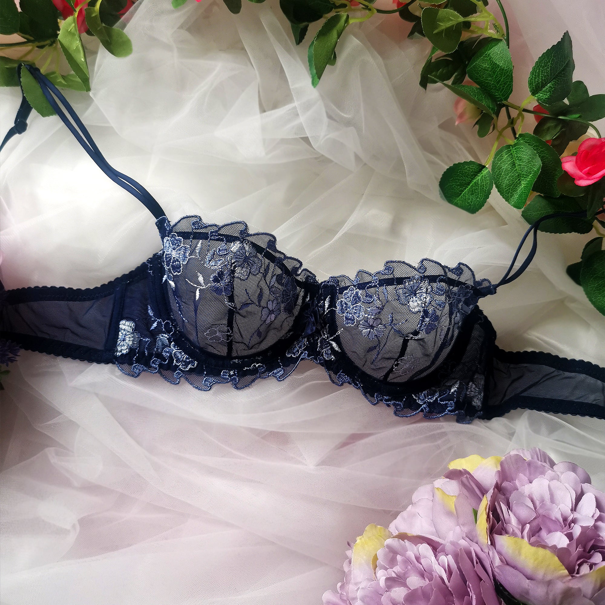 Amelia Dessous-Set mit Blumenmuster – Marineblau