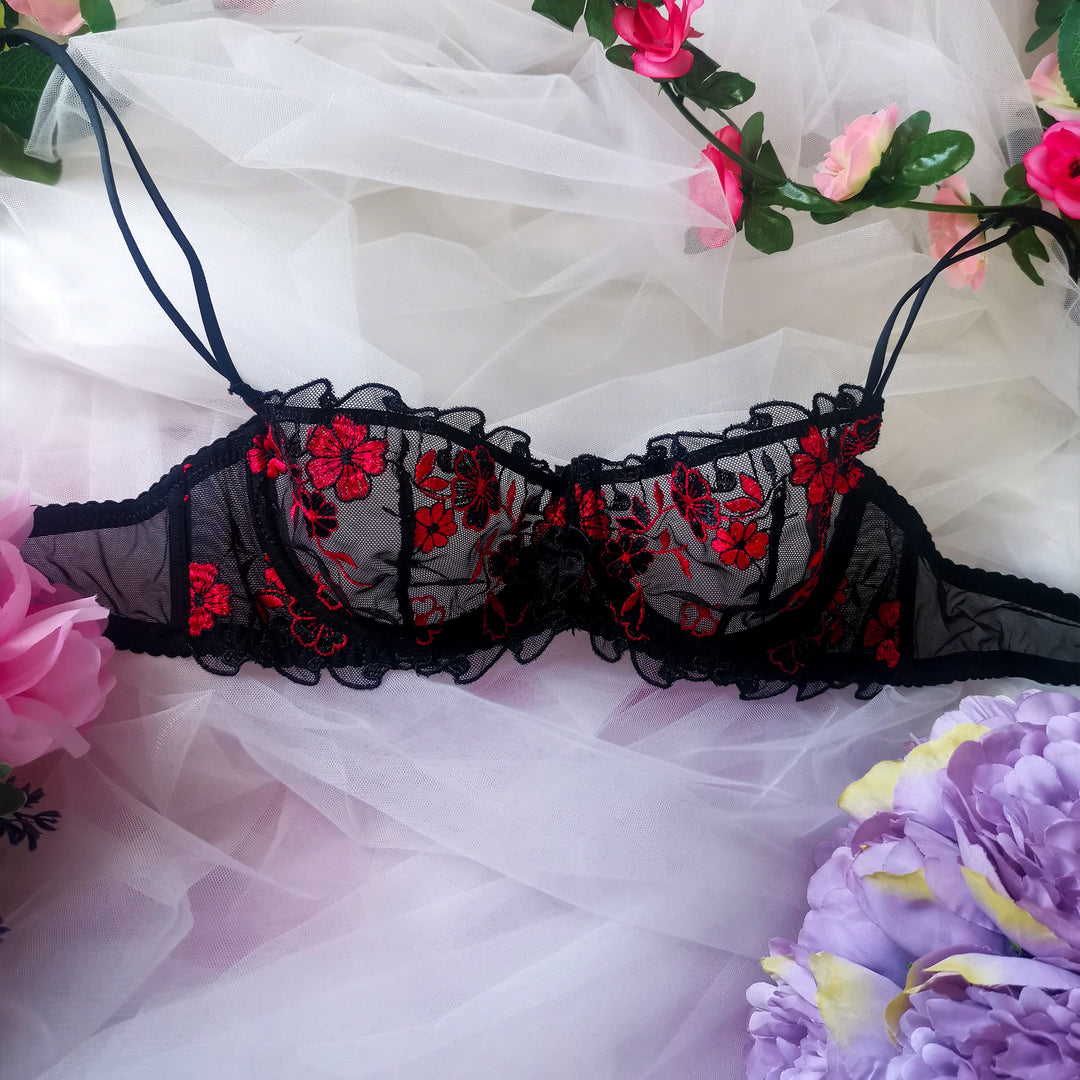 Hauty Floral Satin Bra & Panties Set In Red-black