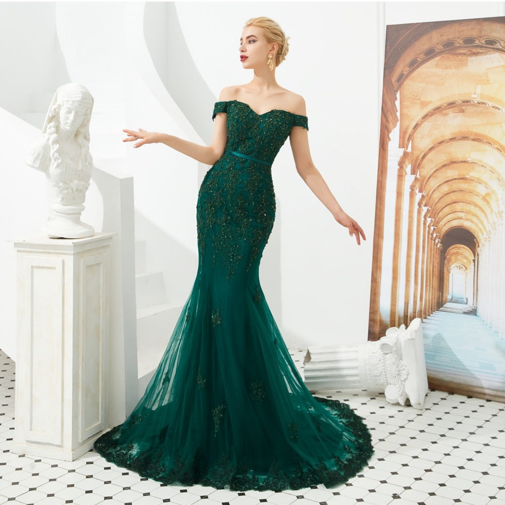 Gianni Emerald Off Shoulder Embroidered Prom Dress