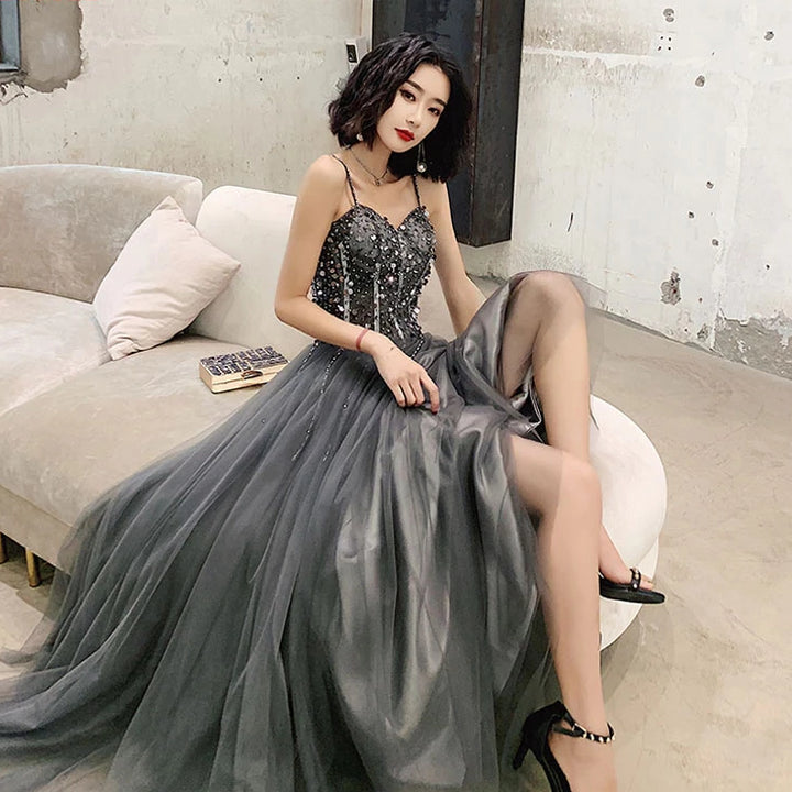 Charcoal Strappy Glitter Prom Dress