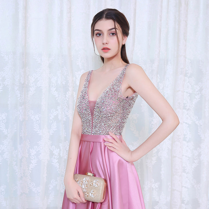 Crystal Embellished Satin Prom Dress