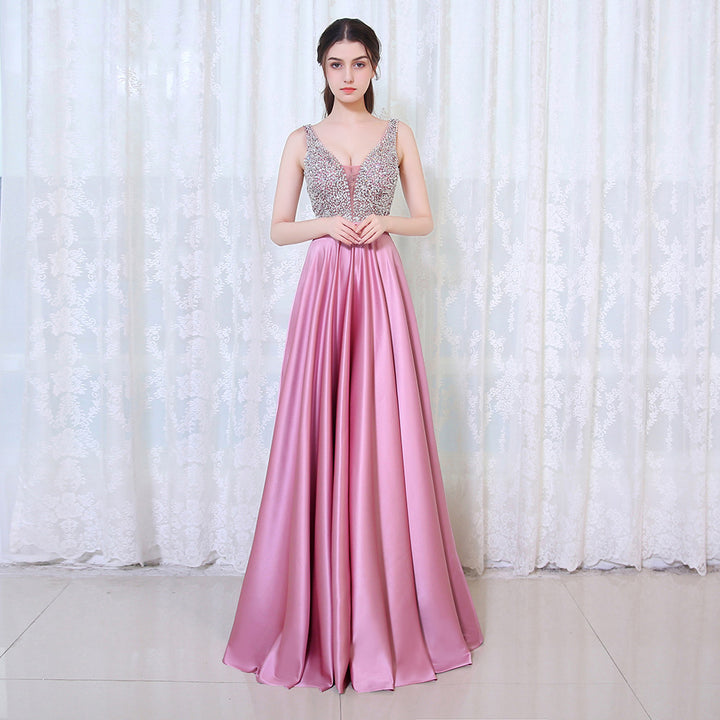 Crystal Embellished Satin Prom Dress