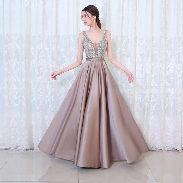 Crystal Embellished Satin Prom Dress