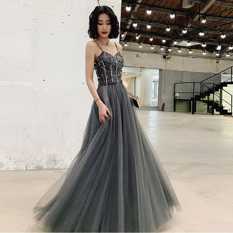 Charcoal Strappy Glitter Prom Dress