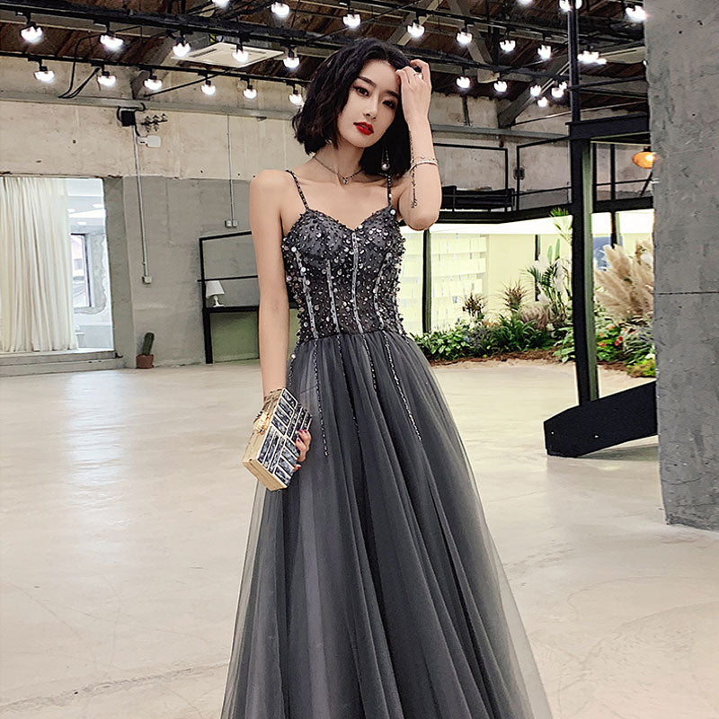 Charcoal Strappy Glitter Prom Dress