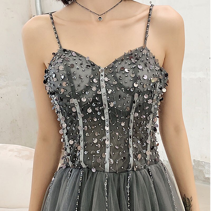 Charcoal Strappy Glitter Prom Dress