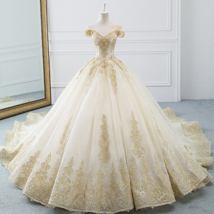 Alexis Off Shoulder Golden Embroidered Wedding Dress