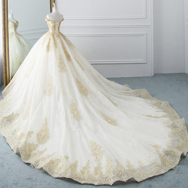 Alexis Off Shoulder Golden Embroidered Wedding Dress