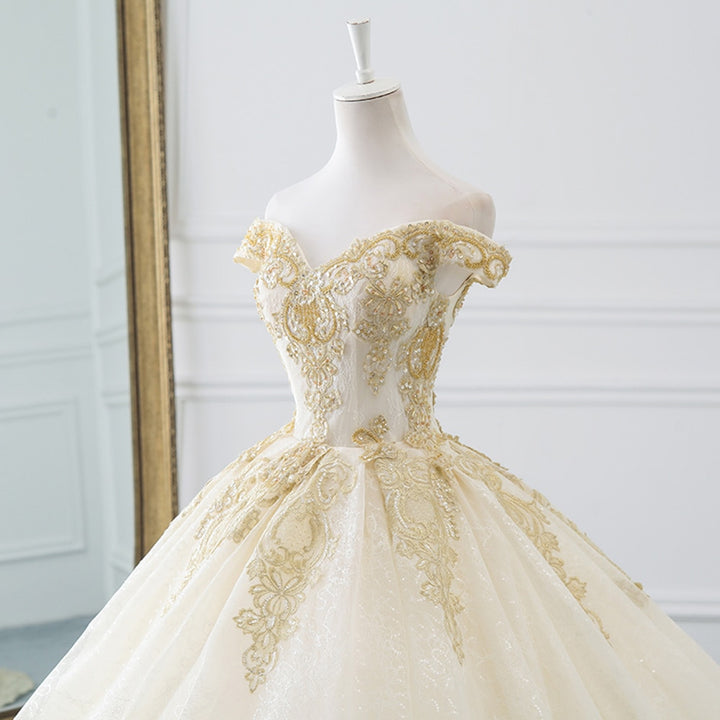 Alexis Off Shoulder Golden Embroidered Wedding Dress