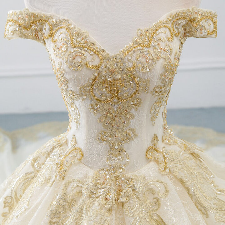 Alexis Off Shoulder Golden Embroidered Wedding Dress