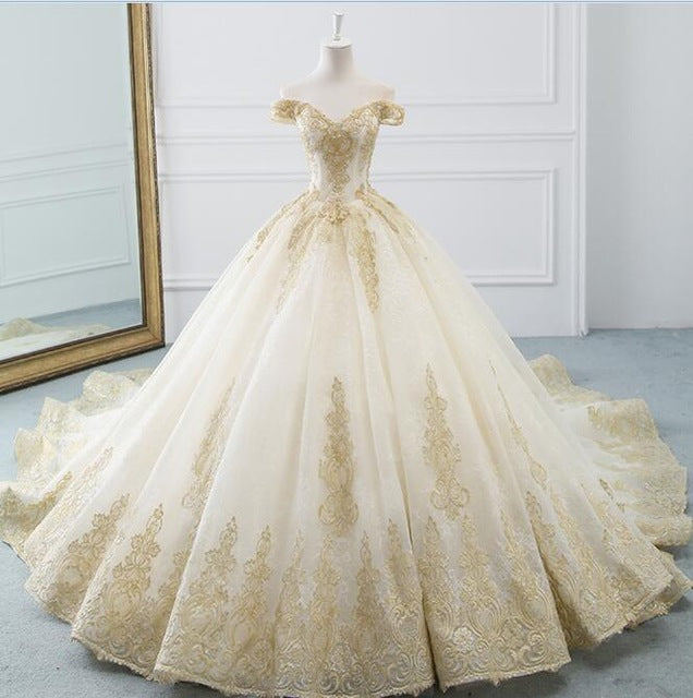 Alexis Off Shoulder Golden Embroidered Wedding Dress