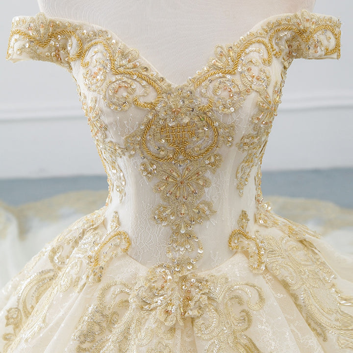 Alexis Off Shoulder Golden Embroidered Wedding Dress