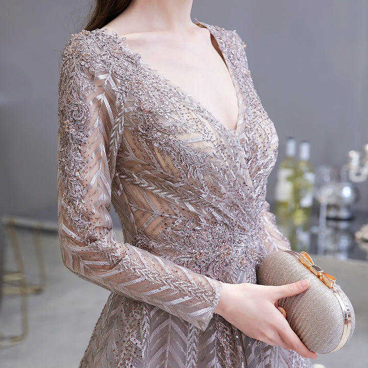 Rosana Long Sleeved Crystal Embellished Prom Dress