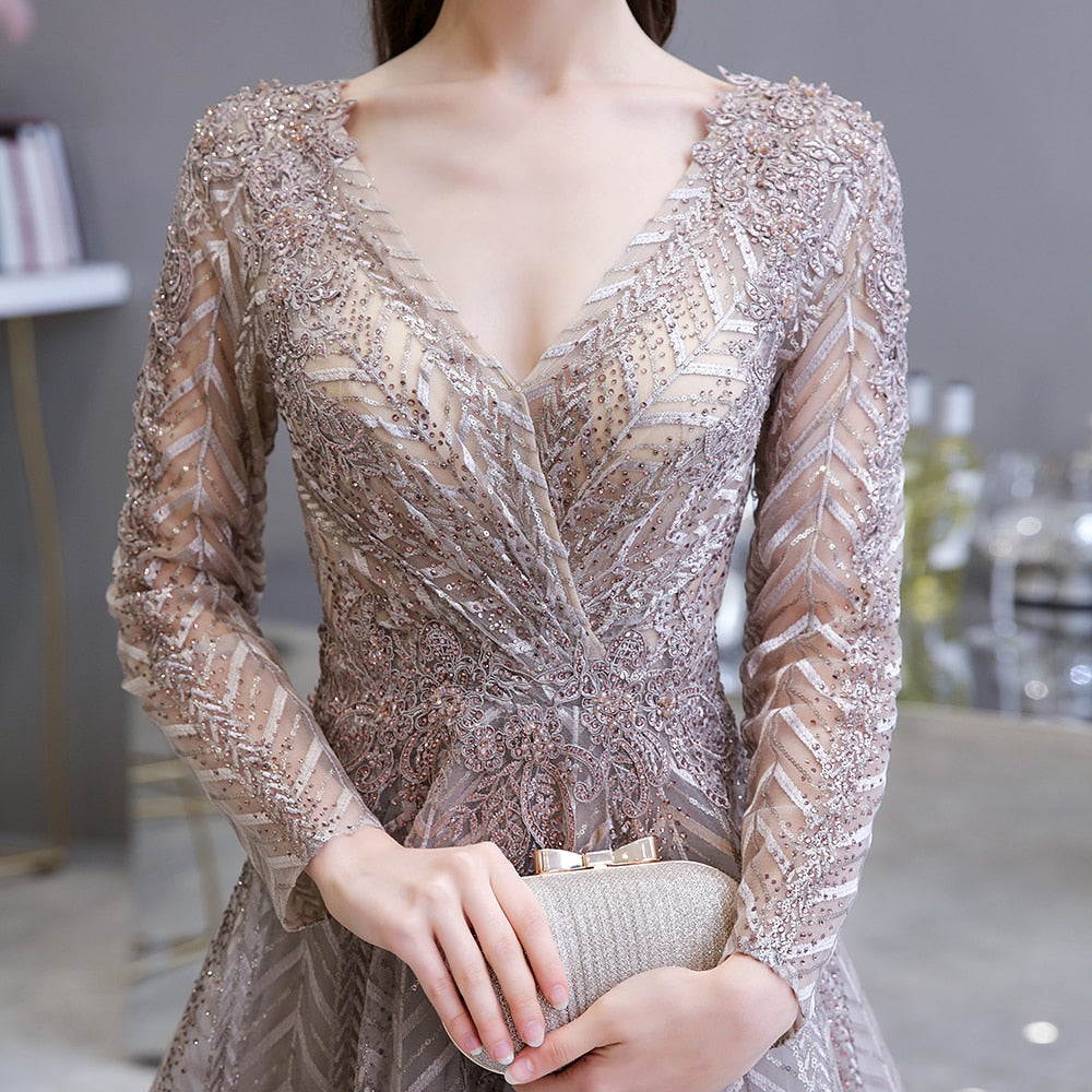 Rosana Long Sleeved Crystal Embellished Prom Dress