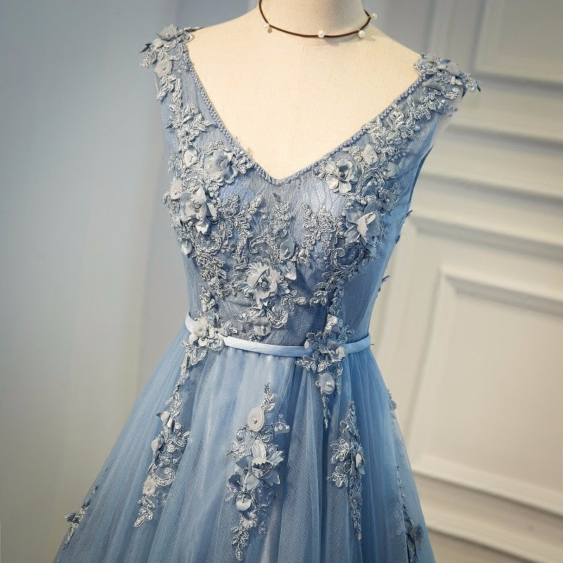 Pale Blue Deluxe Floral Prom Dress