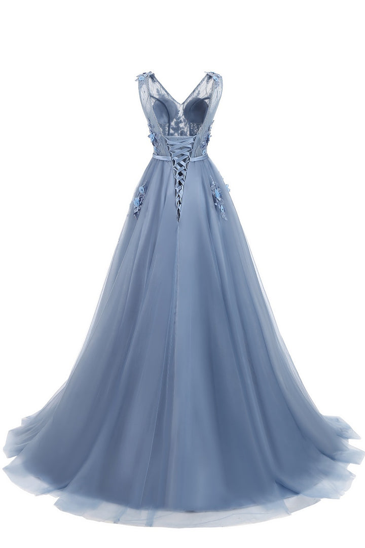 Pale Blue Deluxe Floral Prom Dress