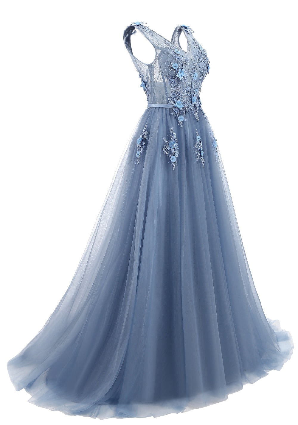 Pale Blue Deluxe Floral Prom Dress