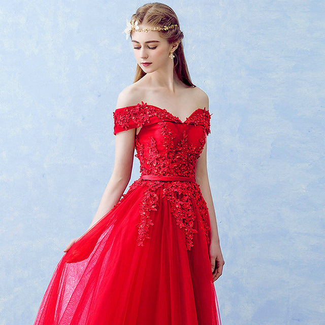 Off Shoulder Embellished Tulle Prom Dress