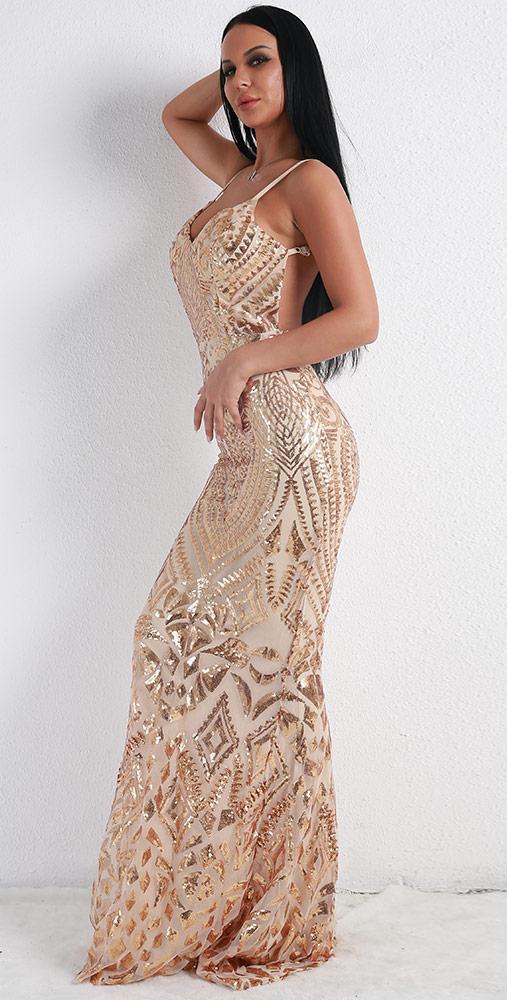 Spaghetti Strap Sequin Patterned Maxi Dress