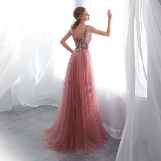 Dusty Pink High Slit Tulle Prom Dress