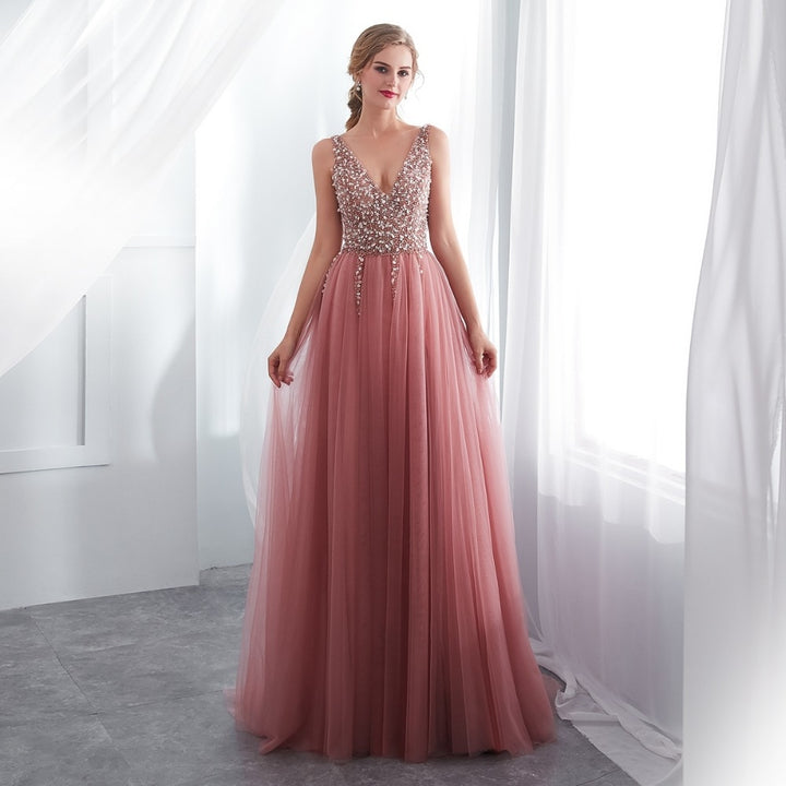 Dusty Pink High Slit Tulle Prom Dress