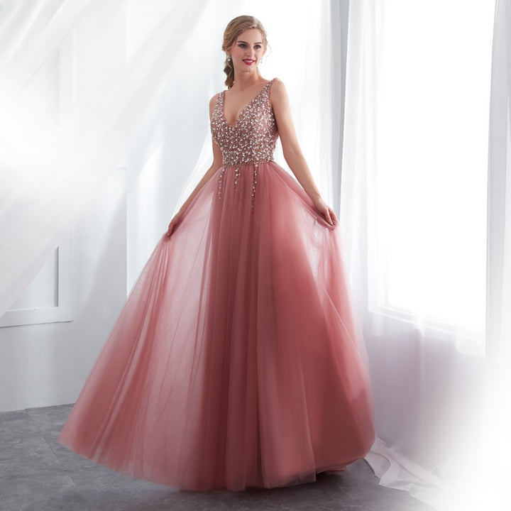 Dusty Pink High Slit Tulle Prom Dress