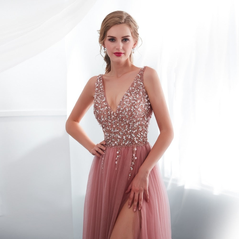 Dusty Pink High Slit Tulle Prom Dress