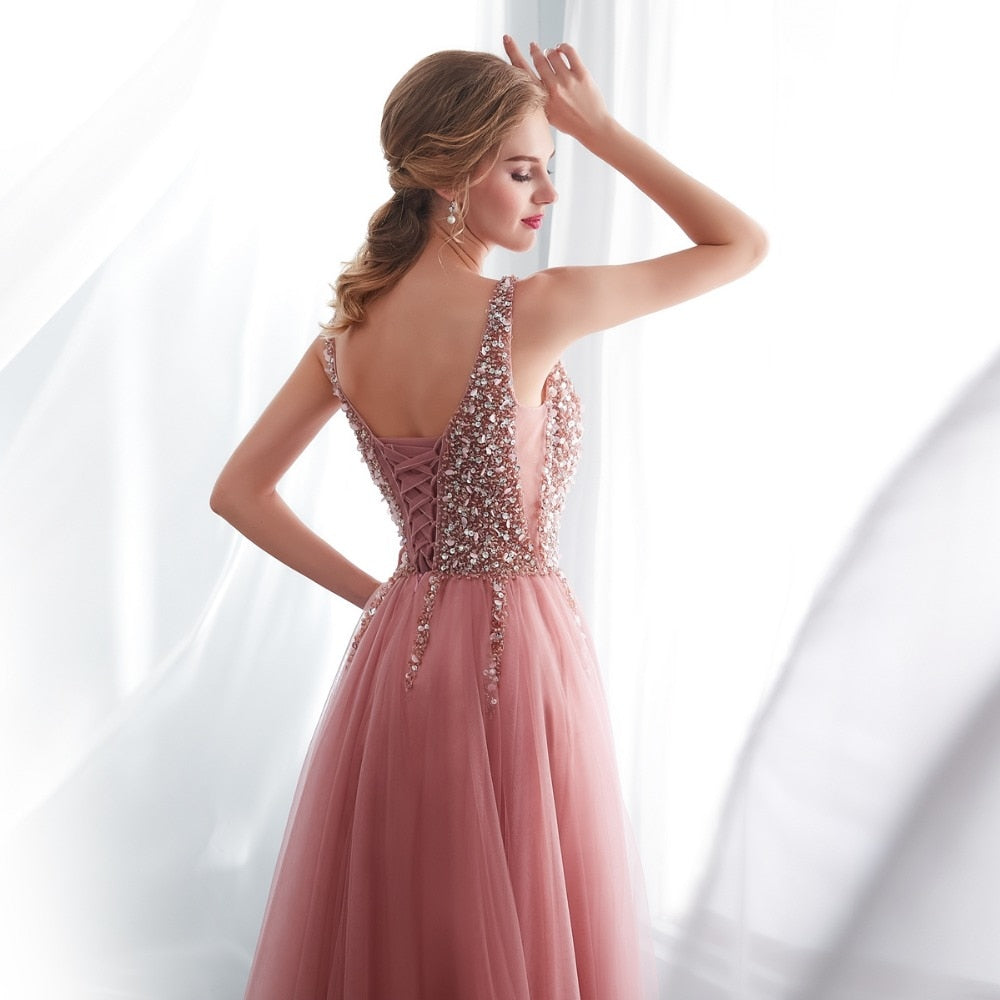 Dusty Pink High Slit Tulle Prom Dress