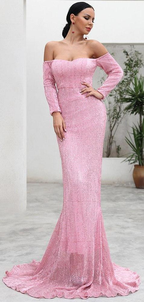 Off Shoulder Long Sleeve Patterned Maxi Dress