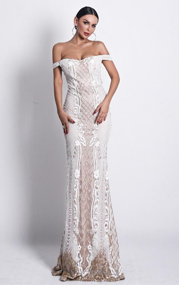 White Sequined Off Shoulder Maxi Dress