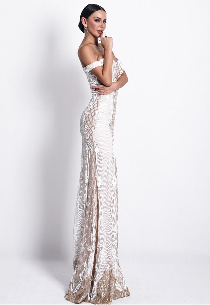 White Sequined Off Shoulder Maxi Dress