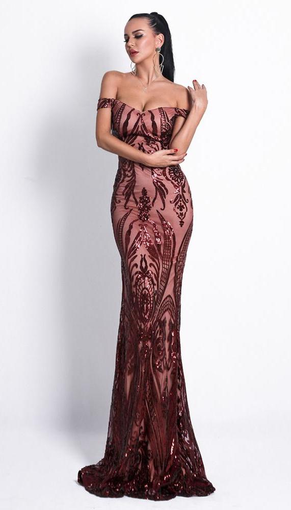 Sequin Embroidered Off Shoulder Maxi Dress