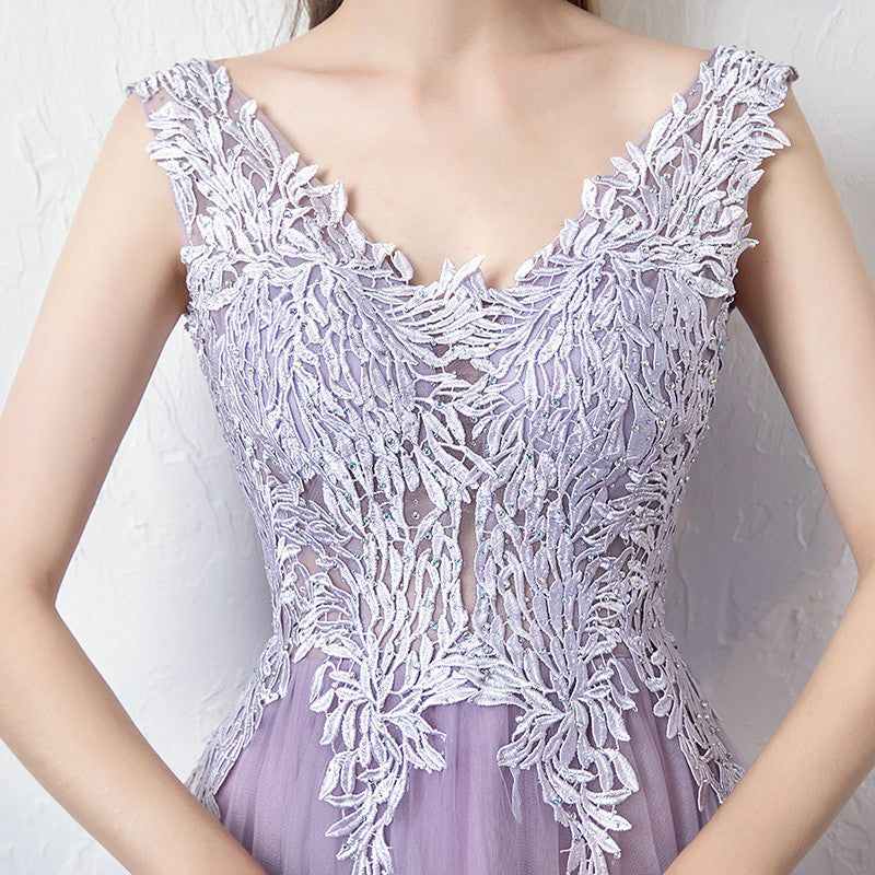 Lace Embellished Lilac Prom Dress