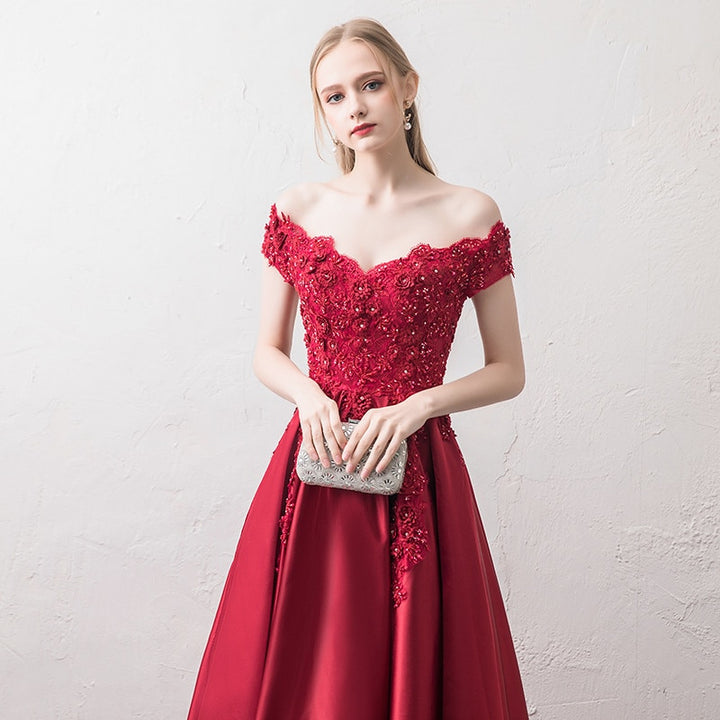 Off Shoulder Satin Lace Embroidered Prom Dress