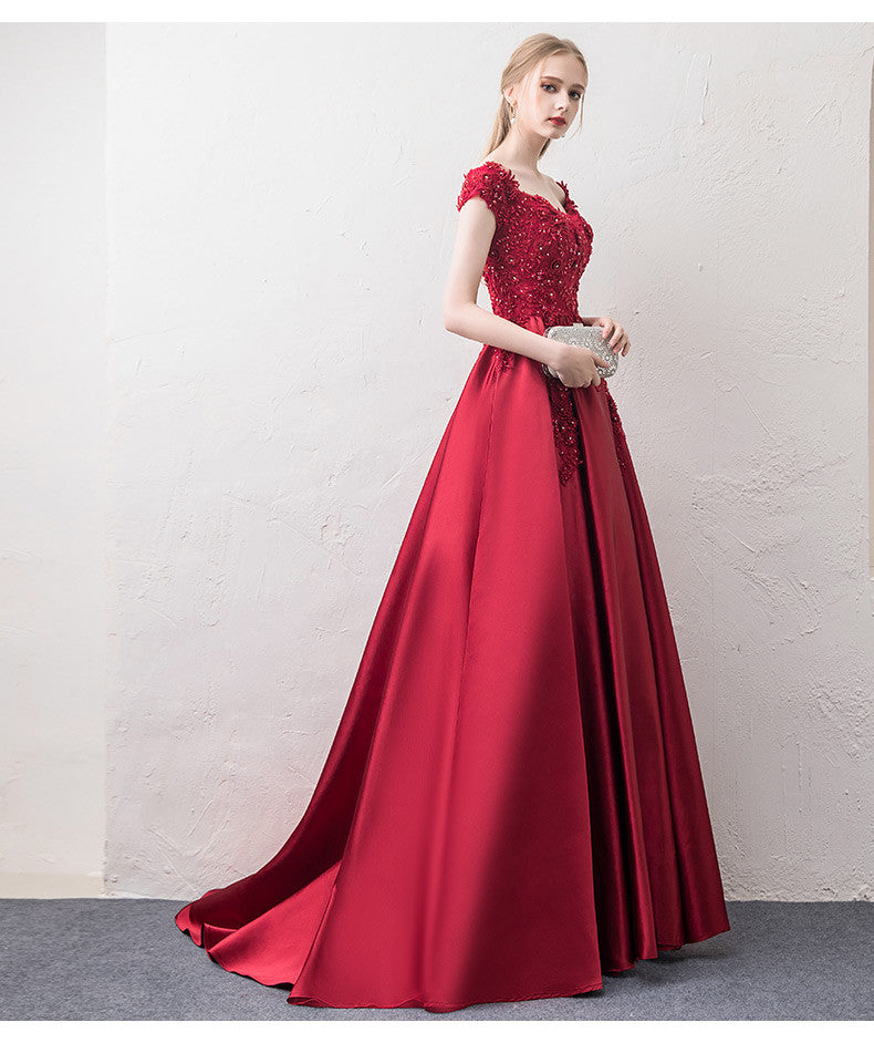 Off Shoulder Satin Lace Embroidered Prom Dress