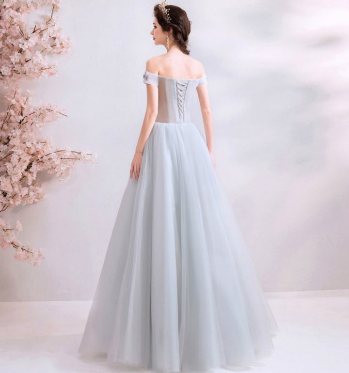 Floral Embellished Tulle Off Shoulder Prom Dress